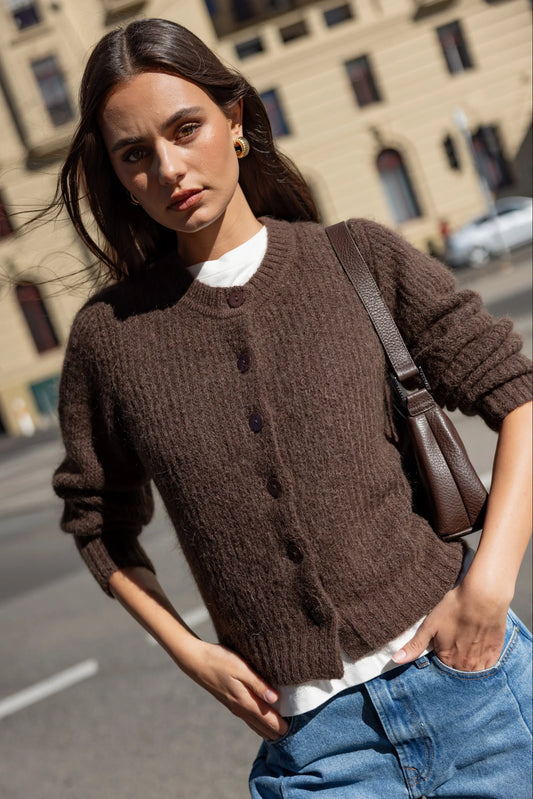 Ivy & Jack Highlight Mohair Blend Crewneck Cardigan - Chocolate