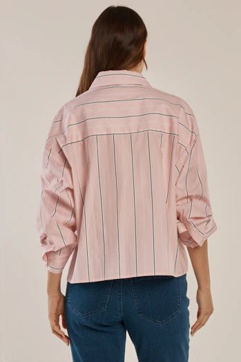 Betty Basics Erin Crop Shirt - Pink/Chocolate Stripe