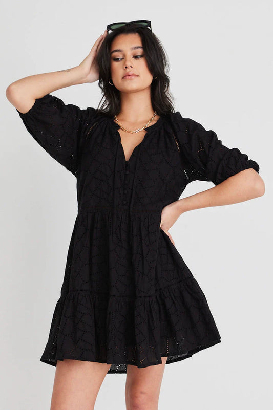 Among the Brave Gemini Broiderie Balloon Sleeve Tiered Mini Dress Black