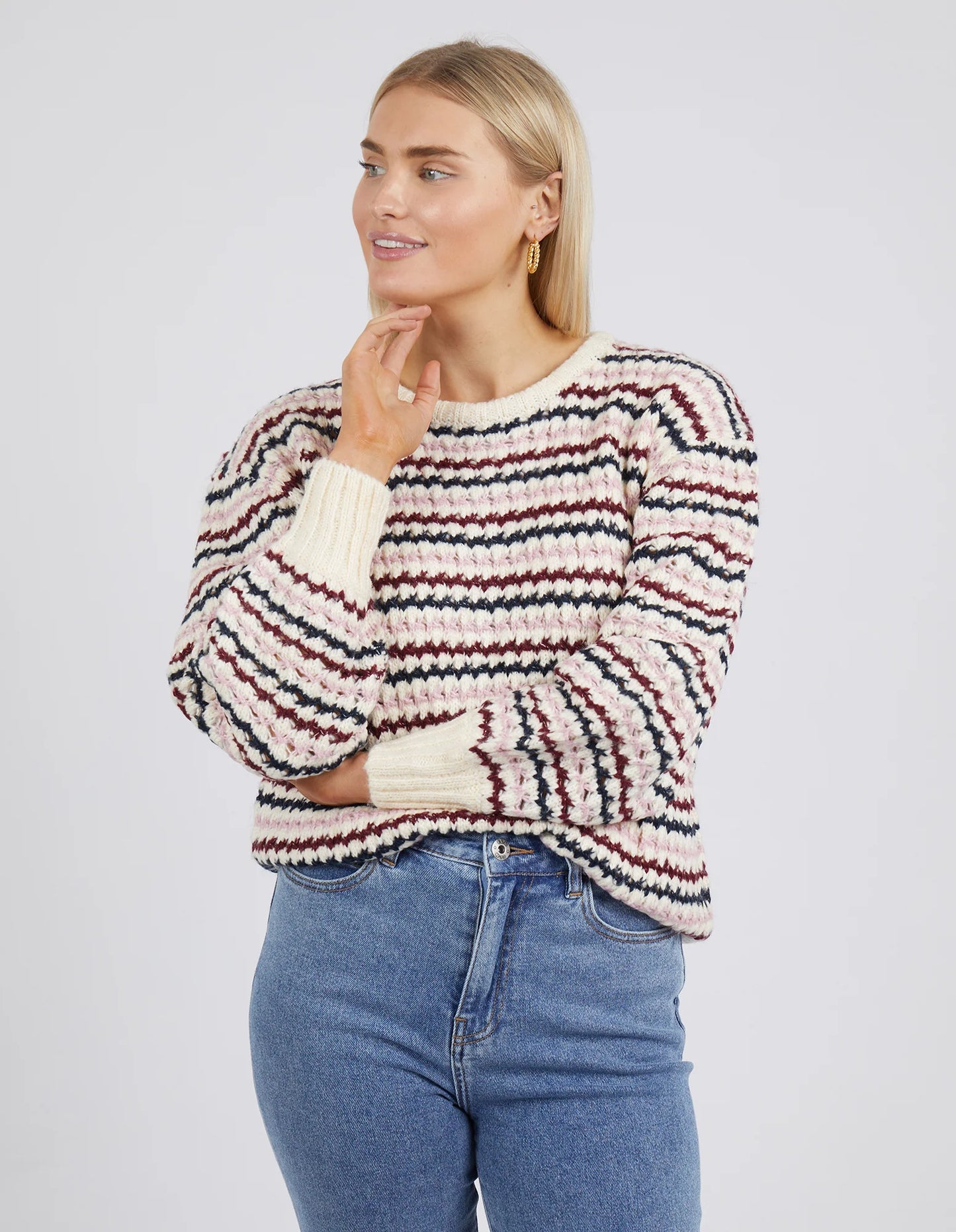 Elm Sara Stripe Knit White/Wine/Heather