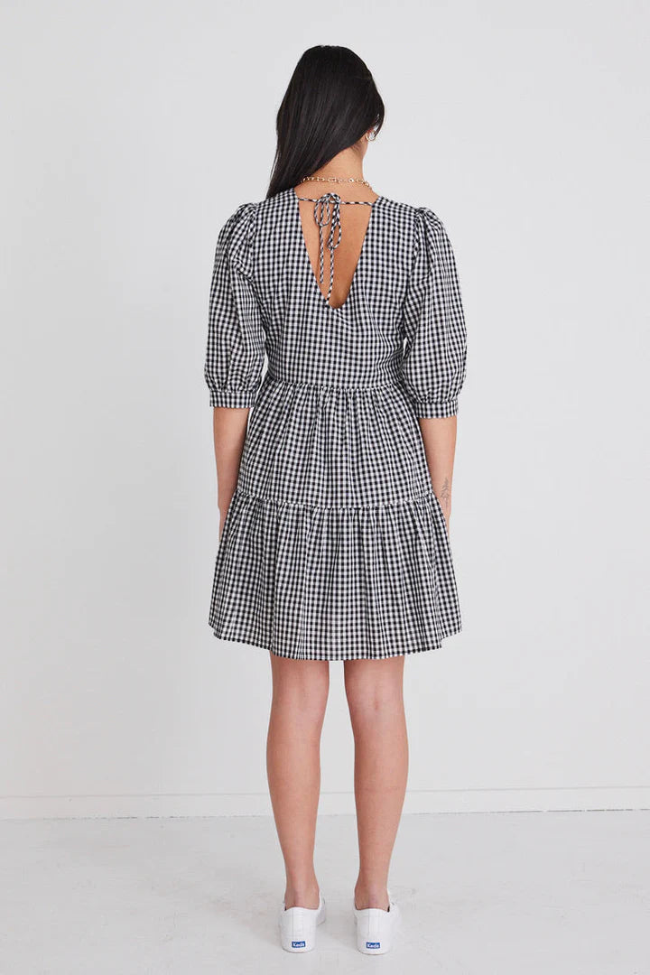 Among the Brave Anytime Gingham Tie Puff Sleeve Tiered Mini Dress Black