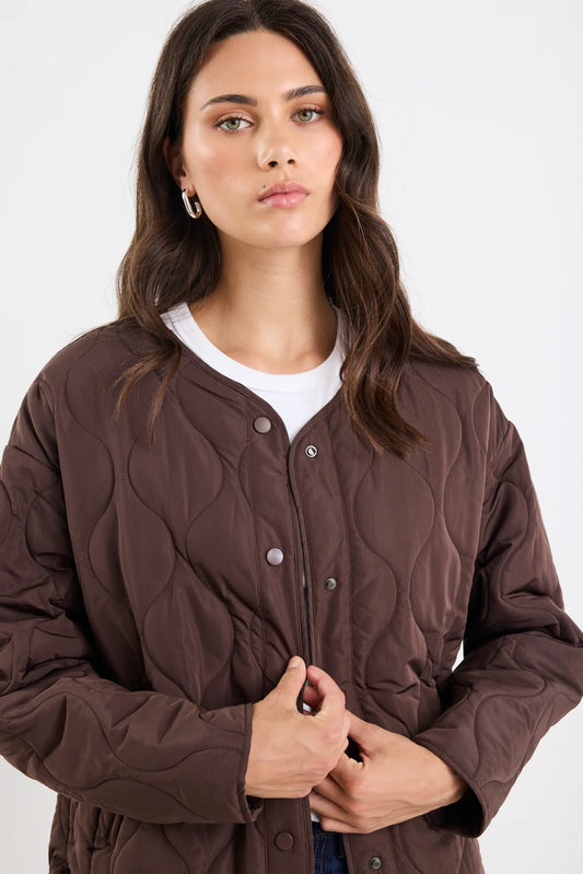 Stories Be Told Apex Collarless Puffer Jacket - Chocolate