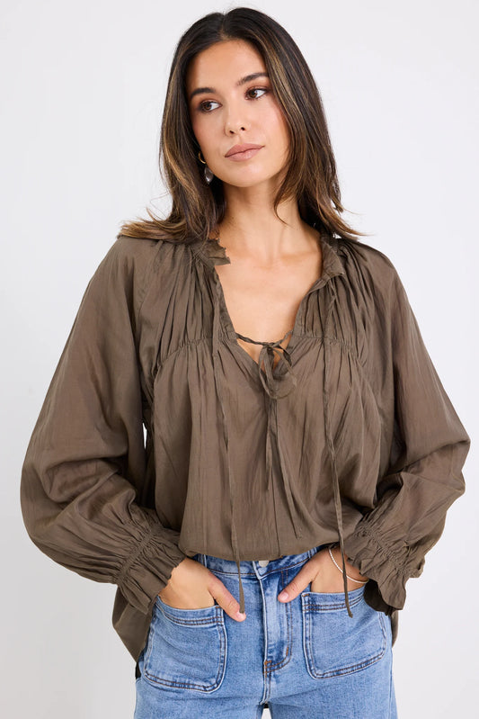 Ivy & Jack Artist Cotton LS Tie Front Relaxed Gathered Top - Olive