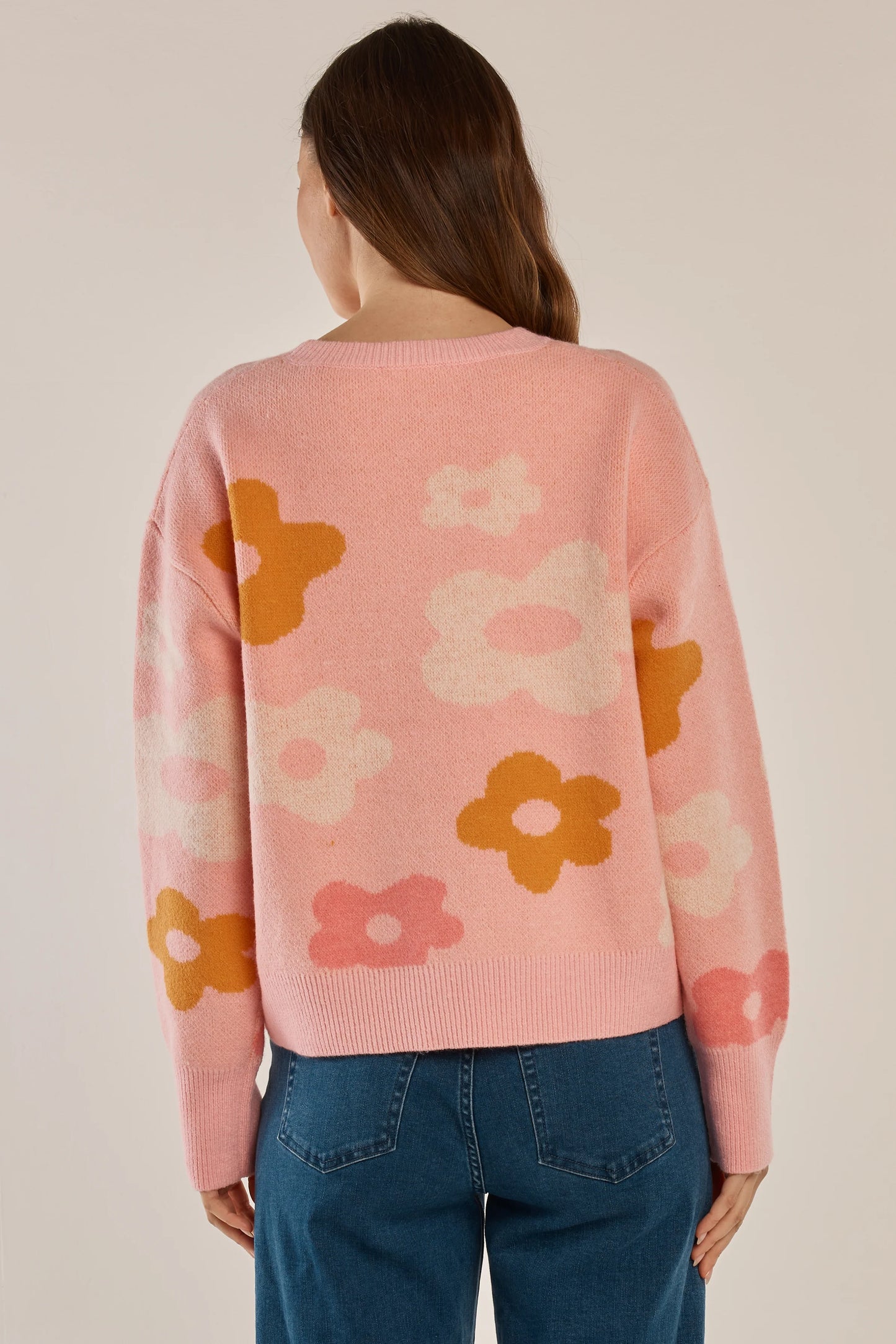 Betty Basics Leonie Knit Sweater - Pink Jacquard Flowers