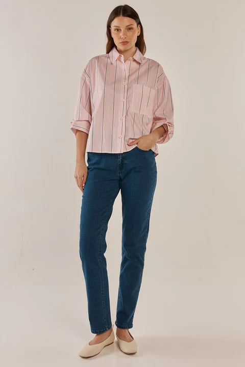 Betty Basics Erin Crop Shirt - Pink/Chocolate Stripe