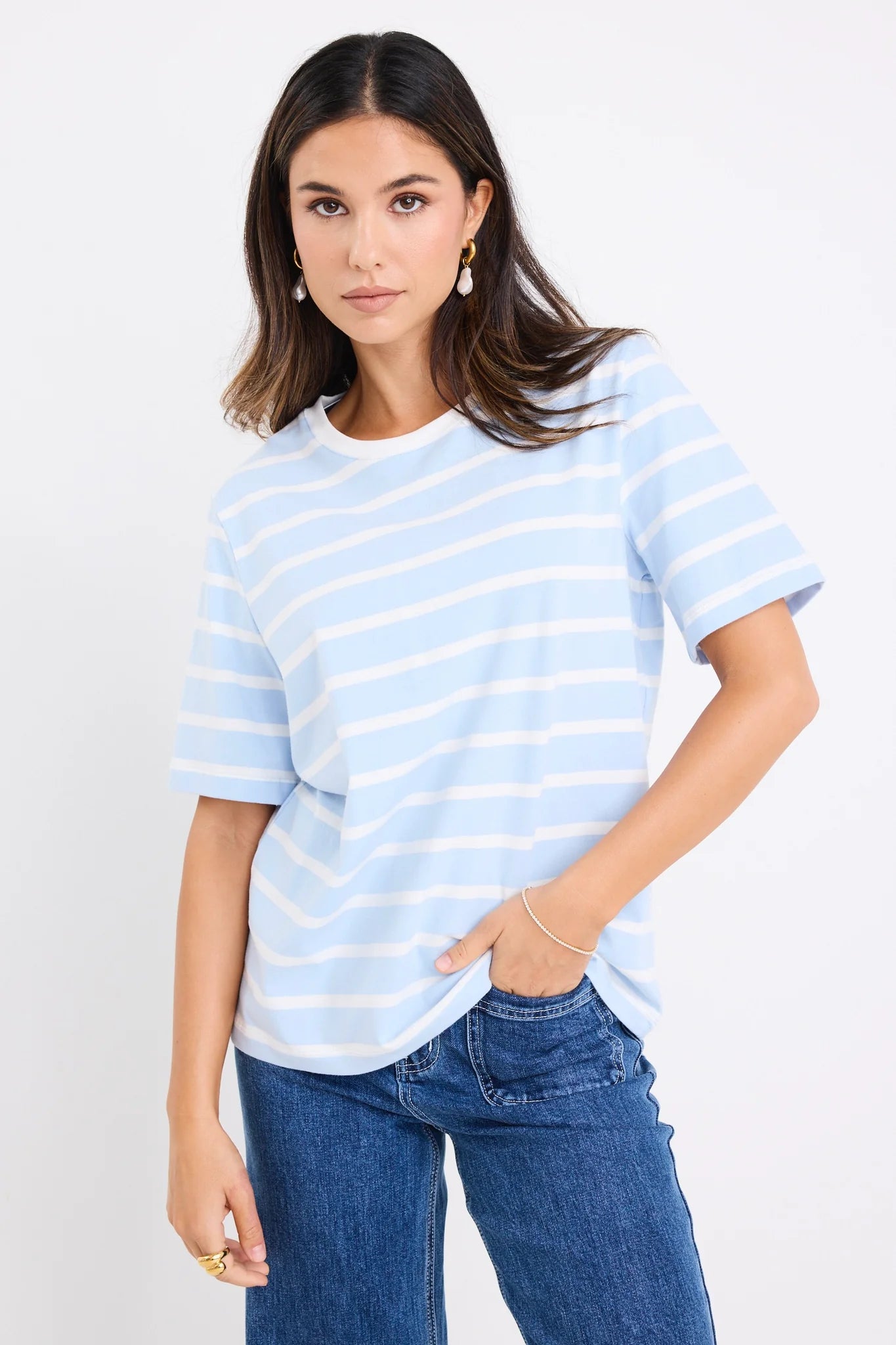 Re:Union Binding Boxy Fit Tee - Pale Blue & White Stripe