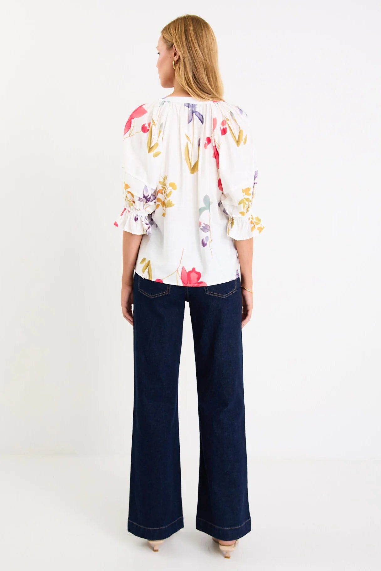 by rosa. Cassia V Neck Short Pin Tuck Sleeve Mandarin Collar Top - Cream Poppy Floral