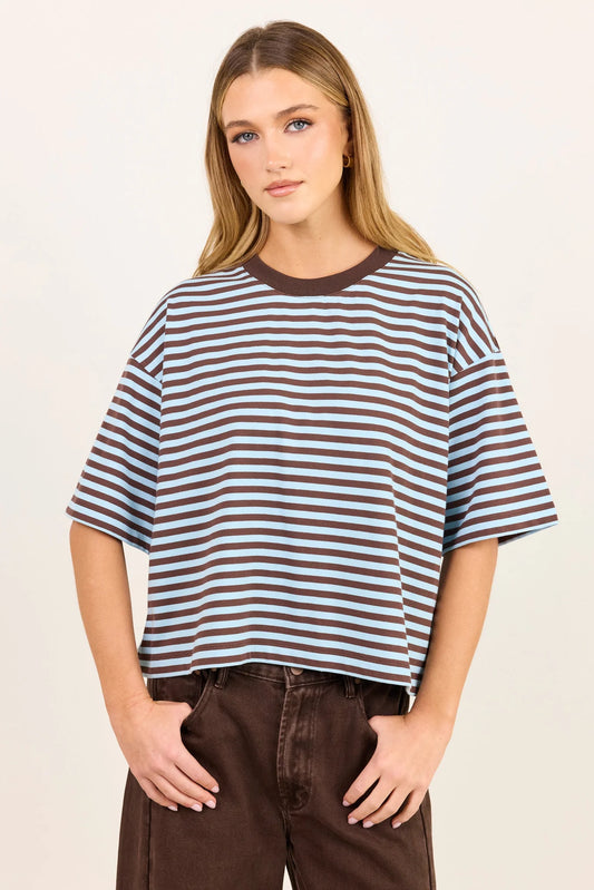 Stories Be Told Cohesion Stripe Oversized Contrast Binding Boxy SS Tee - Ice Blue Chocolate Stripe