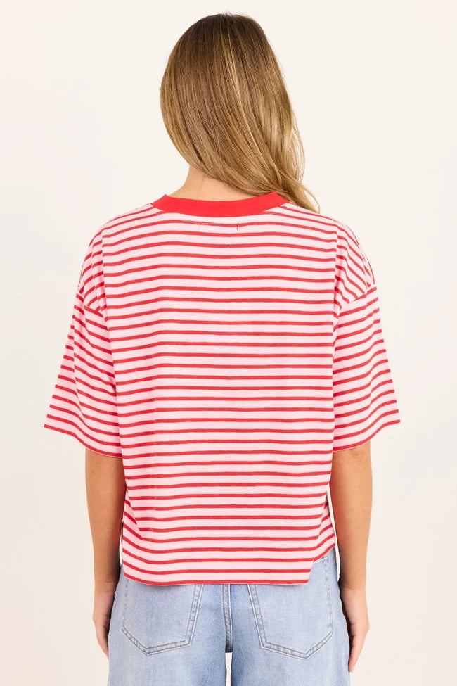 Stories be Told Cohesion Oversized Contrast Binding Boxy Tee - Pink Red Stripe