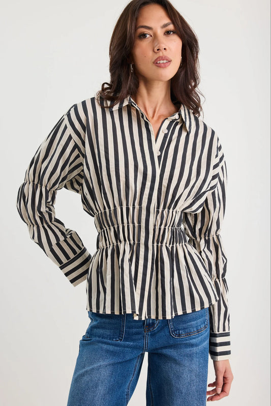 Stories be Told Composite Shirred Body Shirt - Black Bone Stripe