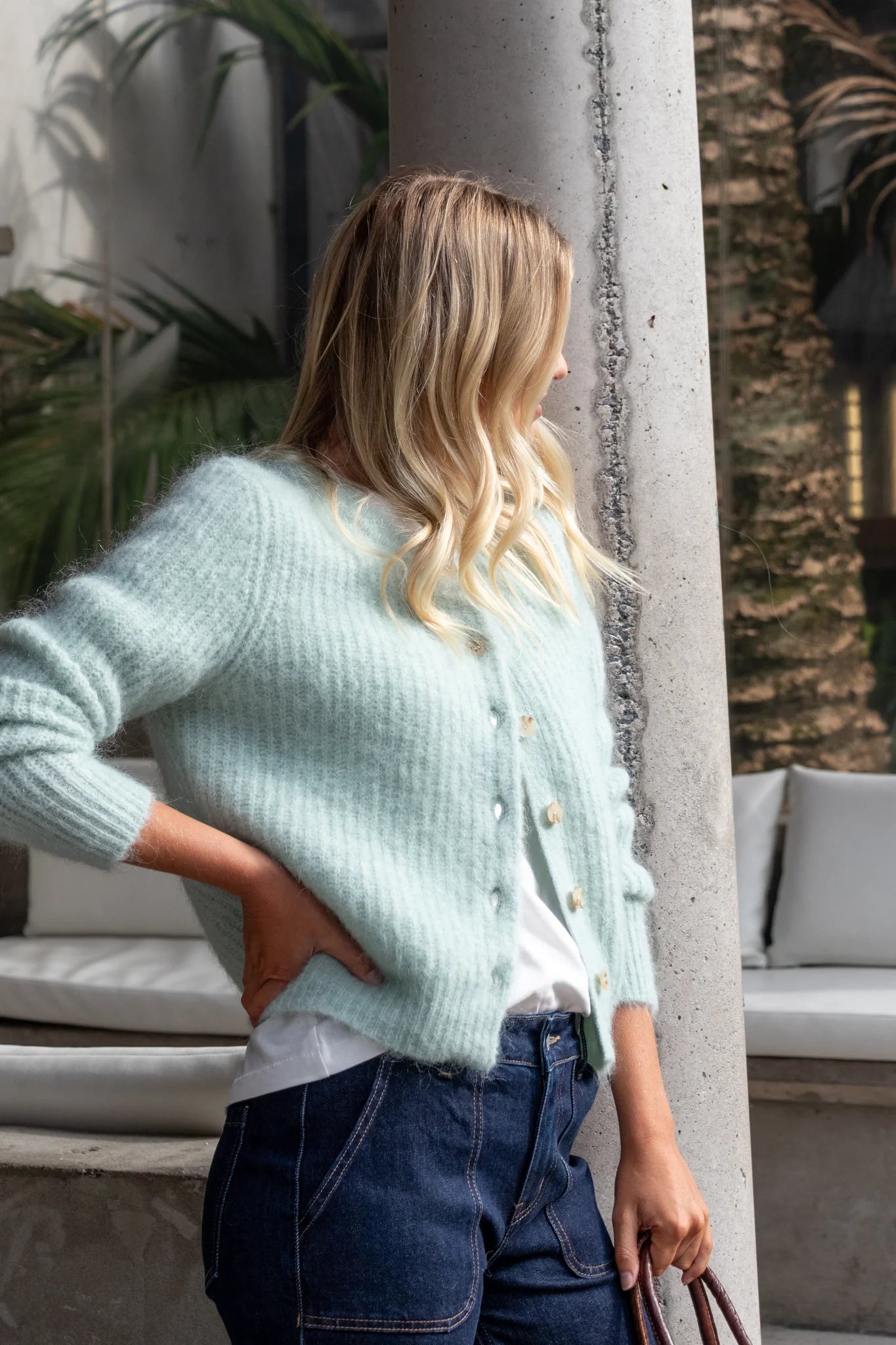 Ivy + Jack Compound Mohair Blend Crewneck Cardigan - Sea Foam