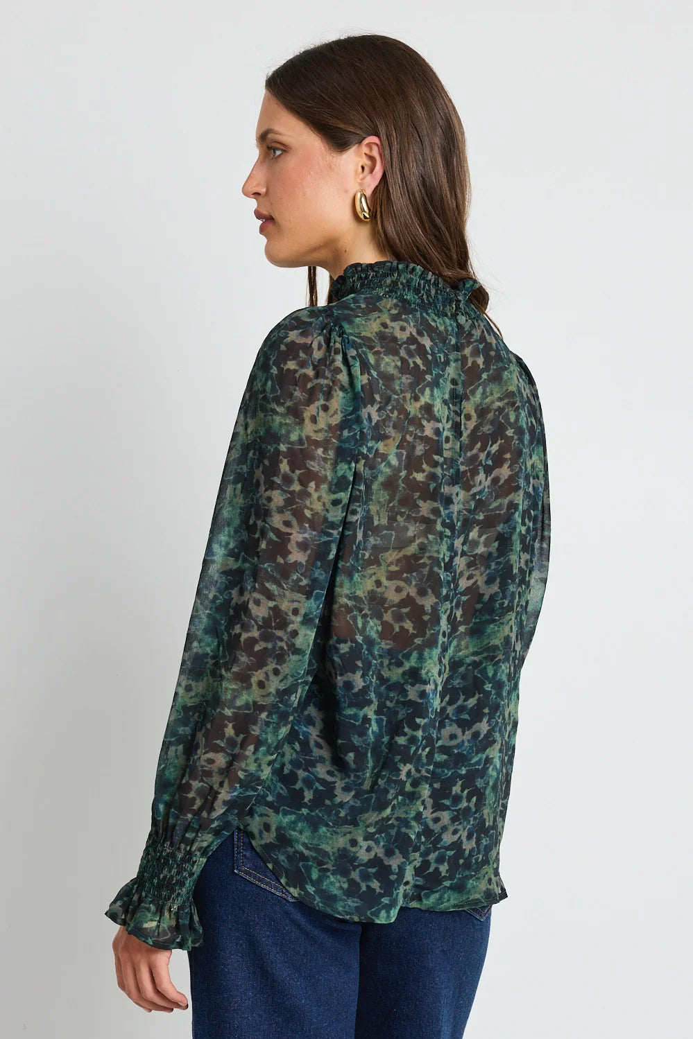 Ivy + Jack Emphatic Ditsy Print Shirred Neck LS Top - Khaki
