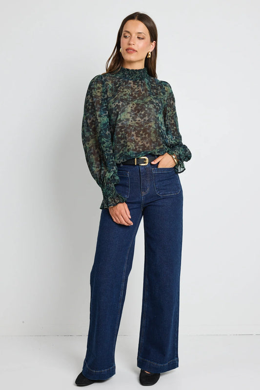 Ivy + Jack Emphatic Ditsy Print Shirred Neck LS Top - Khaki