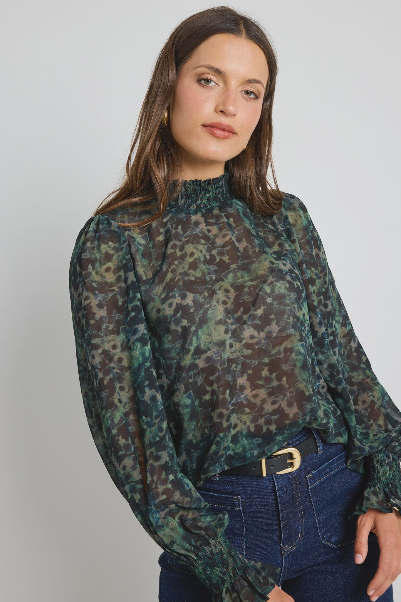 Ivy + Jack Emphatic Ditsy Print Shirred Neck LS Top - Khaki
