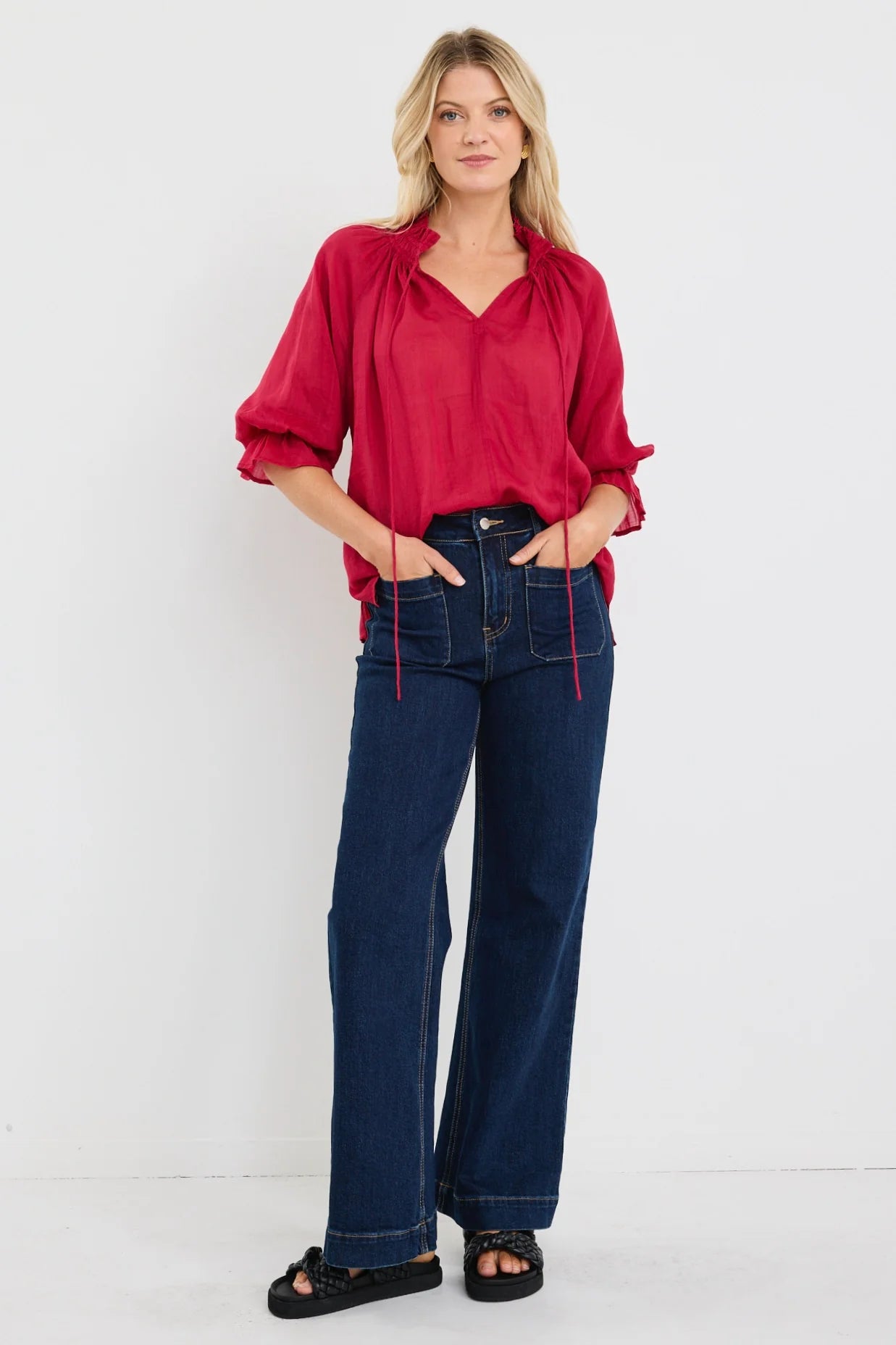 Among the Brave Expedition Shirred Neck S/S Top - Raspberry
