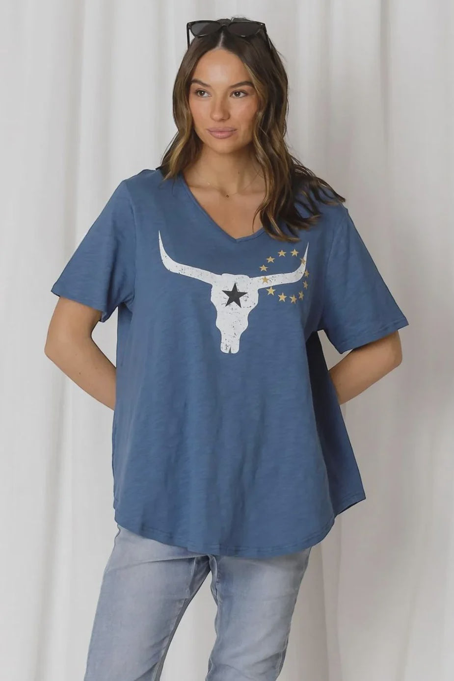 Love Lily Avalon Steer V Neck Tee - Steel Blue