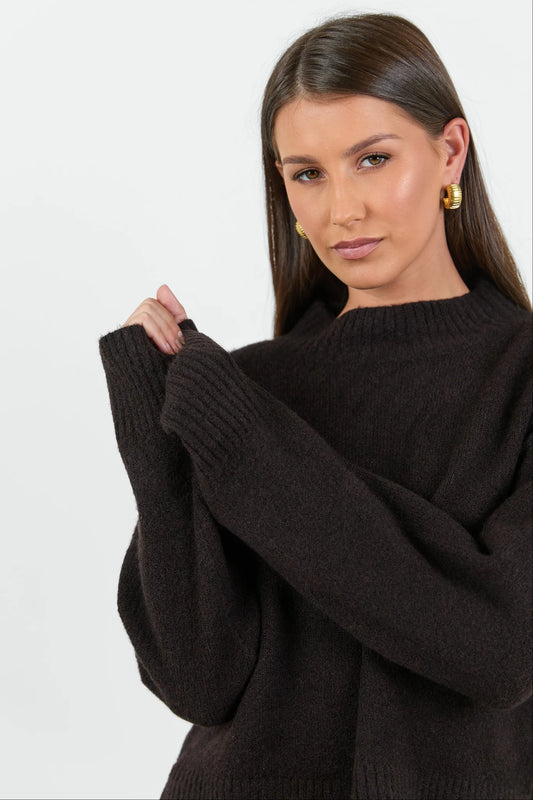 Stories be Told Forage Mock Neck Jumper - Chocolate