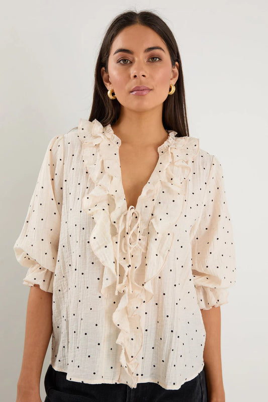 Ivy + Jack Garnish Frill Front Mid Sleeve Top - Cream with Black Polka Dot