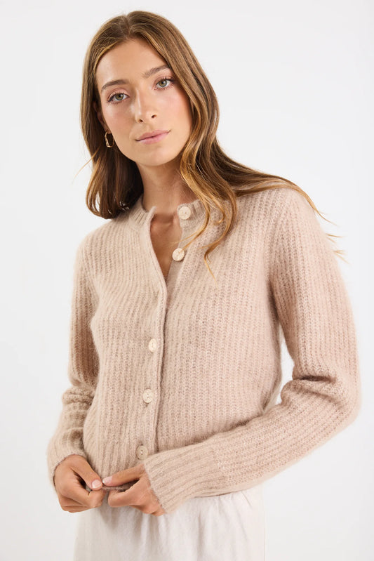 Ivy & Jack Highlight Mohair Blend Crewneck Cardigan - Biscuit
