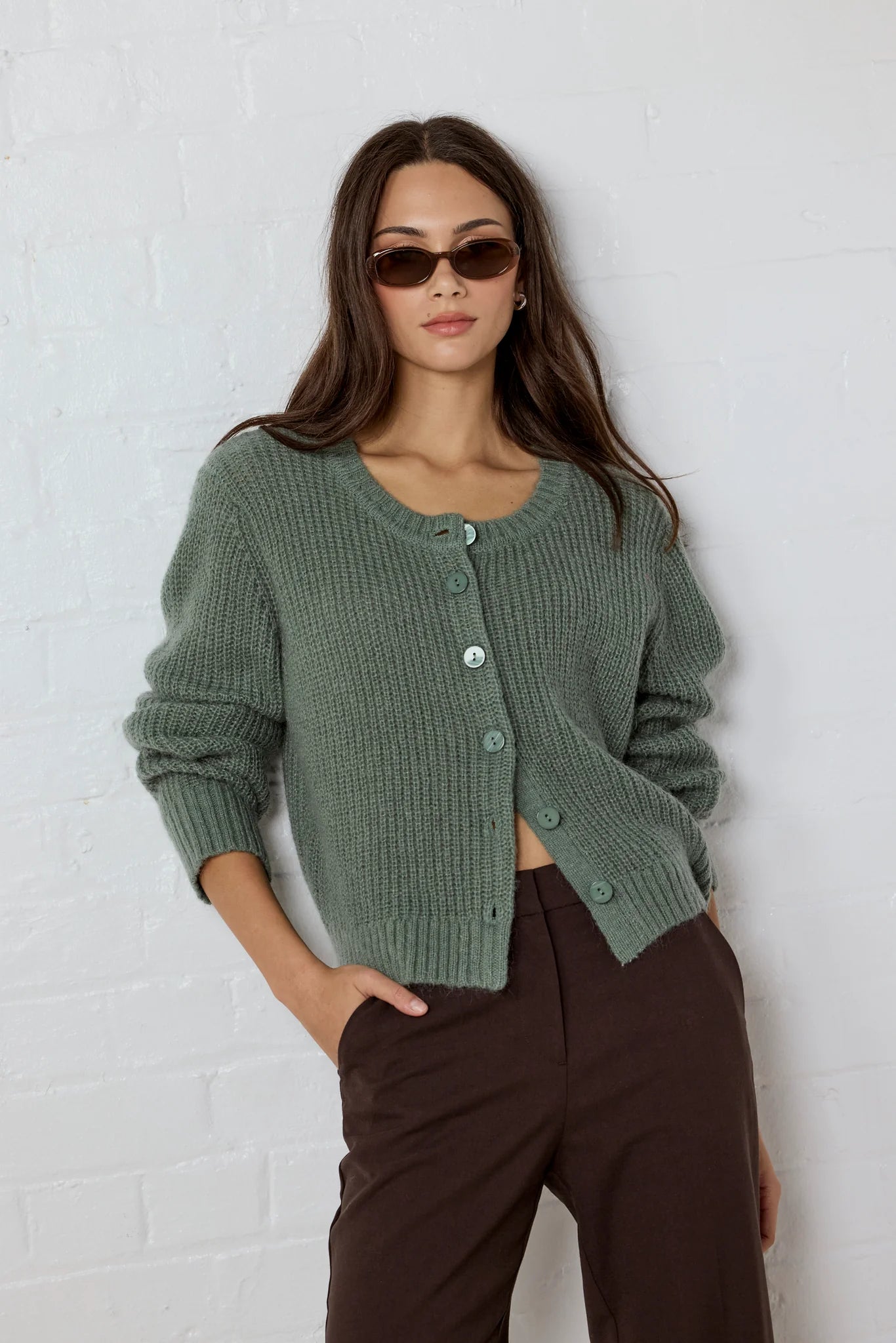 Ivy & Jack Highlight Mohair Blend Crewneck Cardigan - Sage