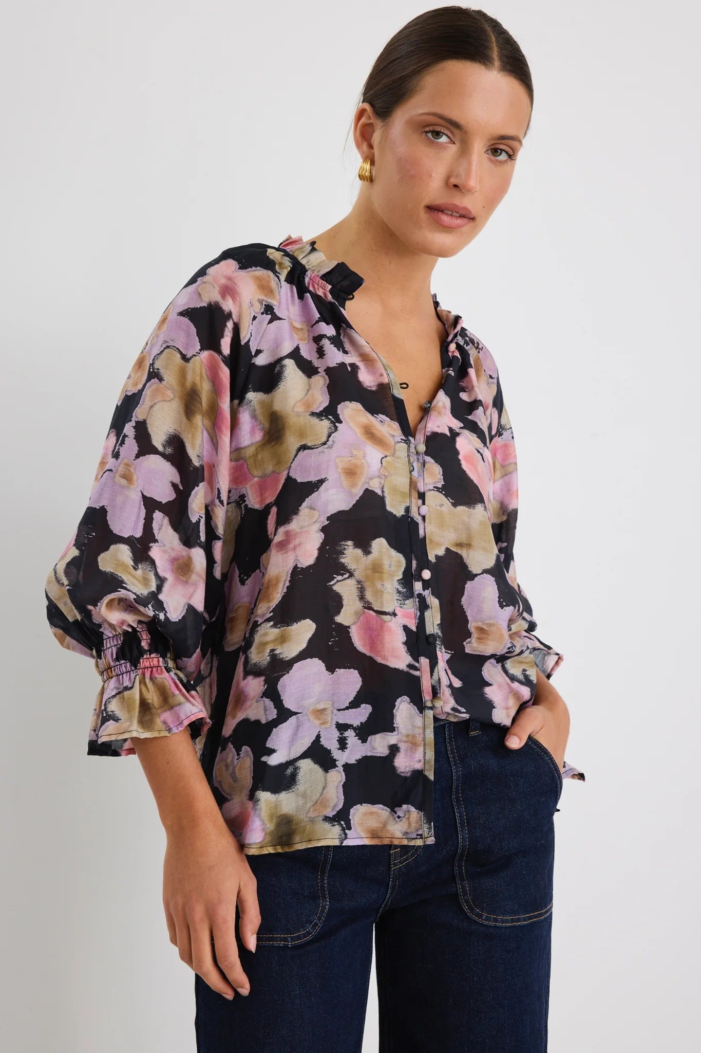 Ivy & Jack Mastery Pressed Flower Button Through Top - Black Pressed Flower
