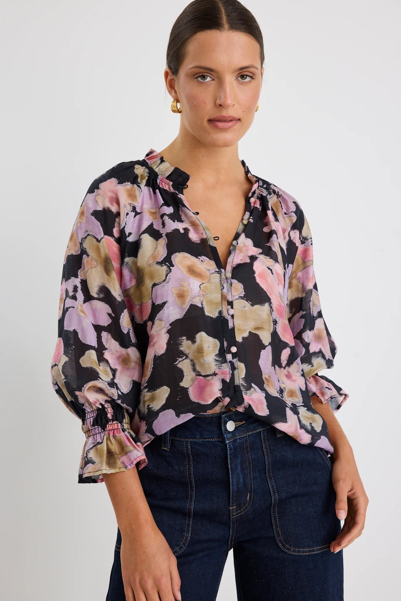Ivy & Jack Mastery Pressed Flower Button Through Top - Black Pressed Flower