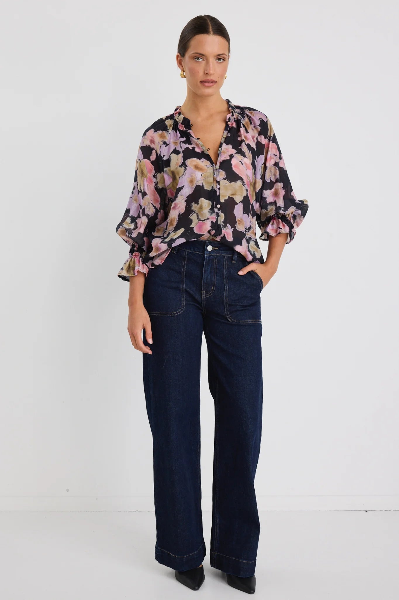 Ivy & Jack Mastery Pressed Flower Button Through Top - Black Pressed Flower