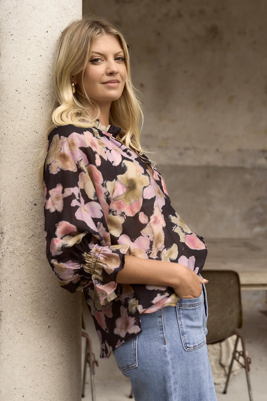 Ivy & Jack Mastery Pressed Flower Button Through Top - Black Pressed Flower