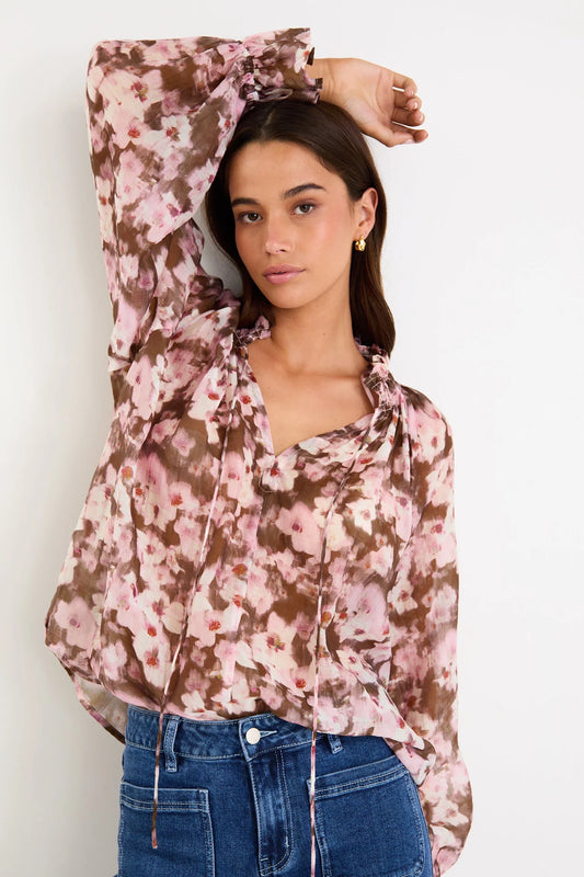 Among the Brave Odyssey Floral Shirred Neck LS Top - Blush Chocolate