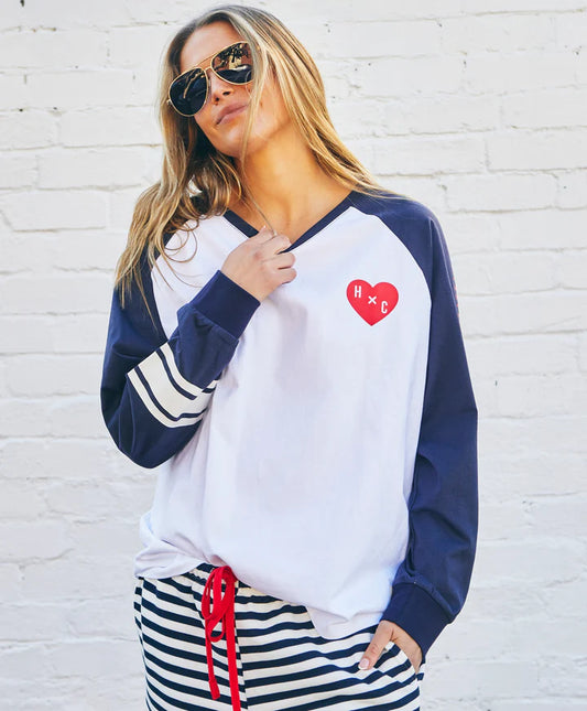 Hammill & Co Long Sleeve Retro Heart Tee - White/Navy