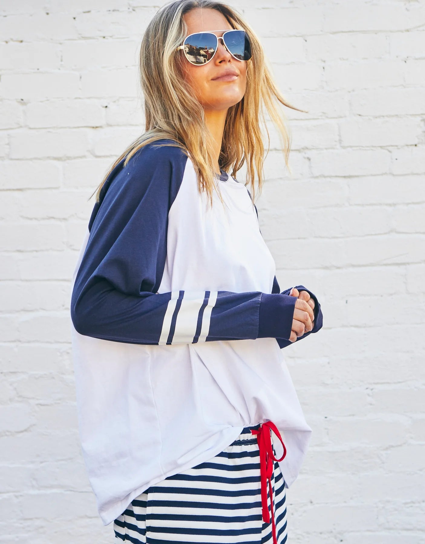 Hammill & Co Long Sleeve Retro Heart Tee - White/Navy