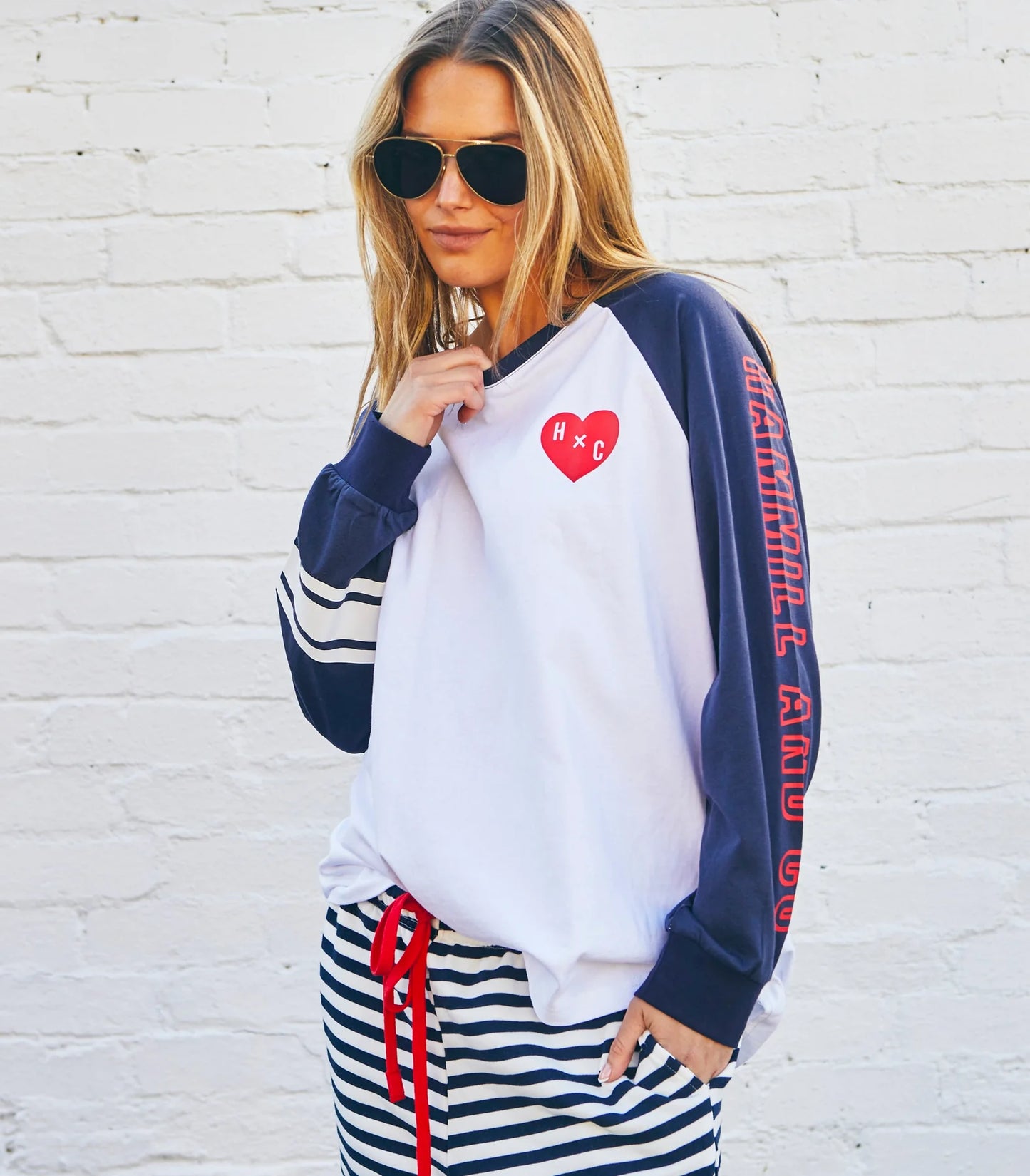 Hammill & Co Long Sleeve Retro Heart Tee - White/Navy