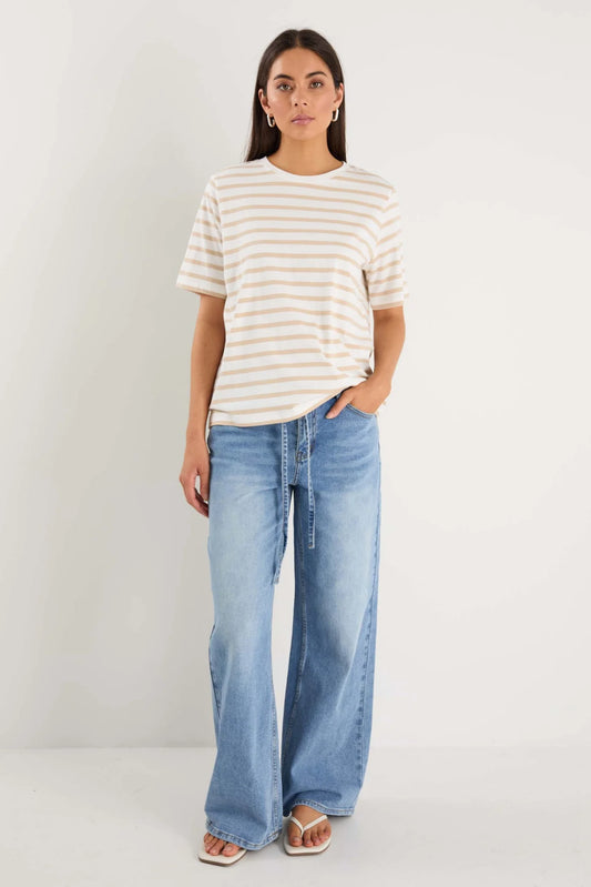 Re:Union Label Binding Stripe Boxy Fit Tee - White Natural Stripe