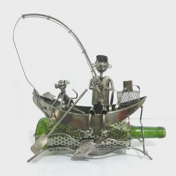 J & M Wine Bottle Holder - Fishing with Dog