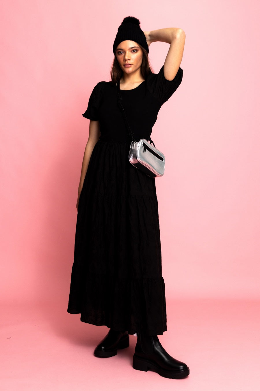 Charlo Lalei Embroidered Modal Midi Dress Black