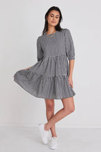 Load image into Gallery viewer, Among the Brave Anytime Gingham Tie Puff Sleeve Tiered Mini Dress Black
