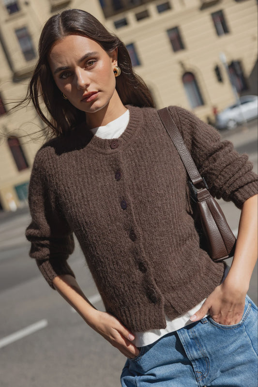Ivy & Jack Highlight Mohair Blend Crewneck Cardigan - Chocolate