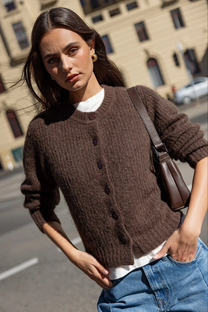Ivy & Jack Highlight Mohair Blend Crewneck Cardigan - Chocolate