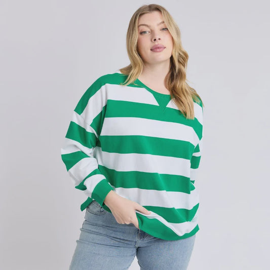 Elm Billie Block Stripe Crew - Pine Green & White Stripe