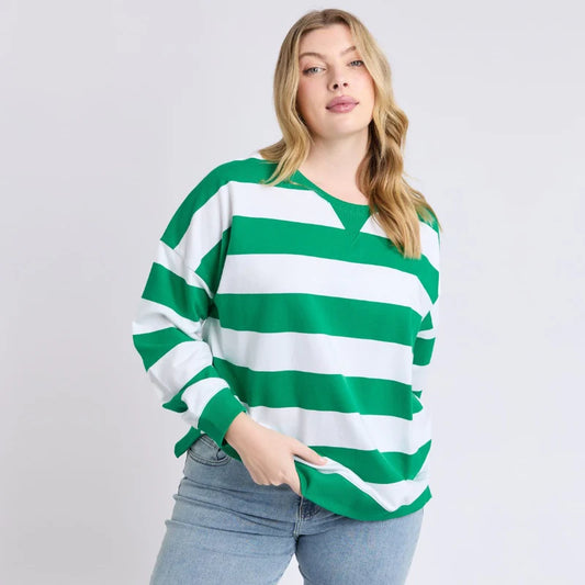 Elm Billie Block Stripe Crew - Pine Green & White Stripe