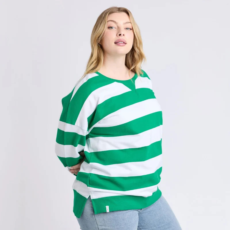 Elm Billie Block Stripe Crew - Pine Green & White Stripe