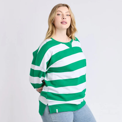 Elm Billie Block Stripe Crew - Pine Green & White Stripe