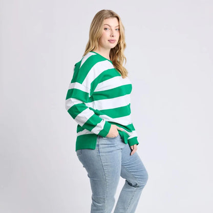 Elm Billie Block Stripe Crew - Pine Green & White Stripe