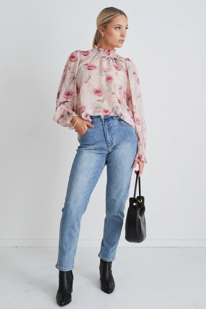 Ivy + Jack Emphatic Poppy Floral Shirred Neck L/S Top