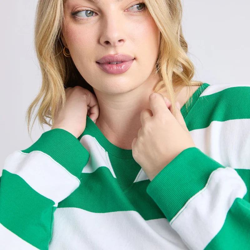 Elm Billie Block Stripe Crew - Pine Green & White Stripe