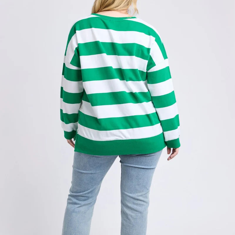 Elm Billie Block Stripe Crew - Pine Green & White Stripe