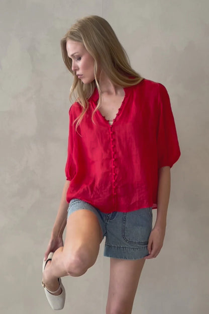 Ivy & Jack Continuance Ramie High Neck Buttoned SS Top - Poppy
