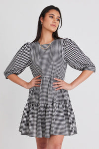 Among the Brave Anytime Gingham Tie Puff Sleeve Tiered Mini Dress Black