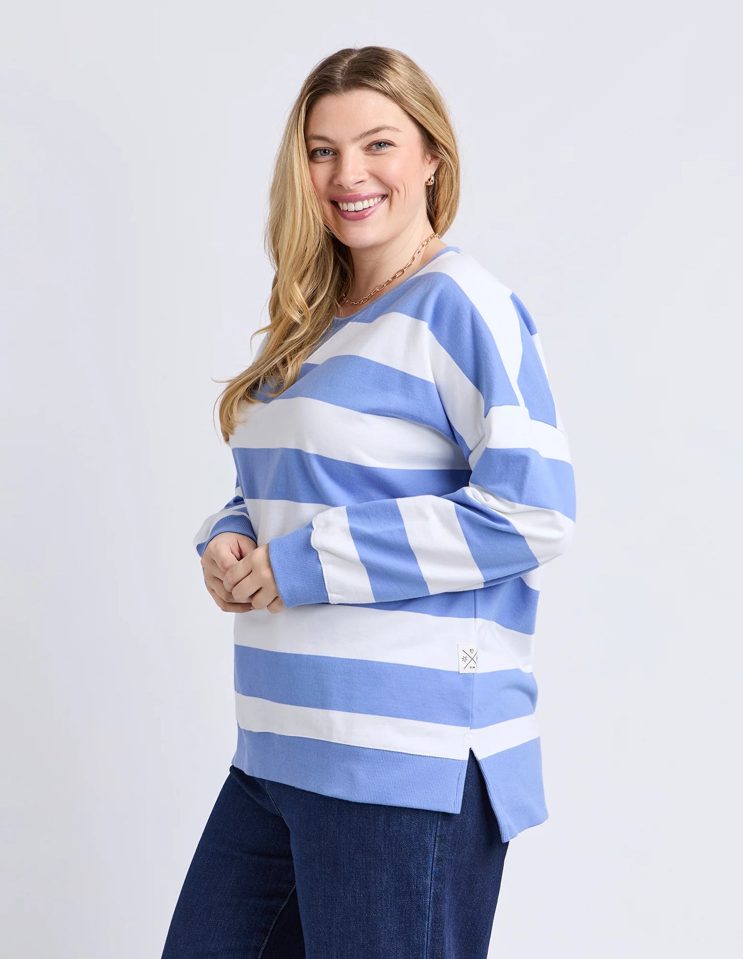 Elm Billie Block Stripe Crew - Cornflower & White