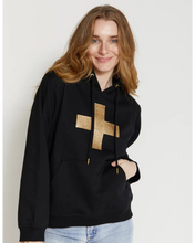 Load image into Gallery viewer, Stella + Gemma Hoodie Black with Gold Glitter Cross
